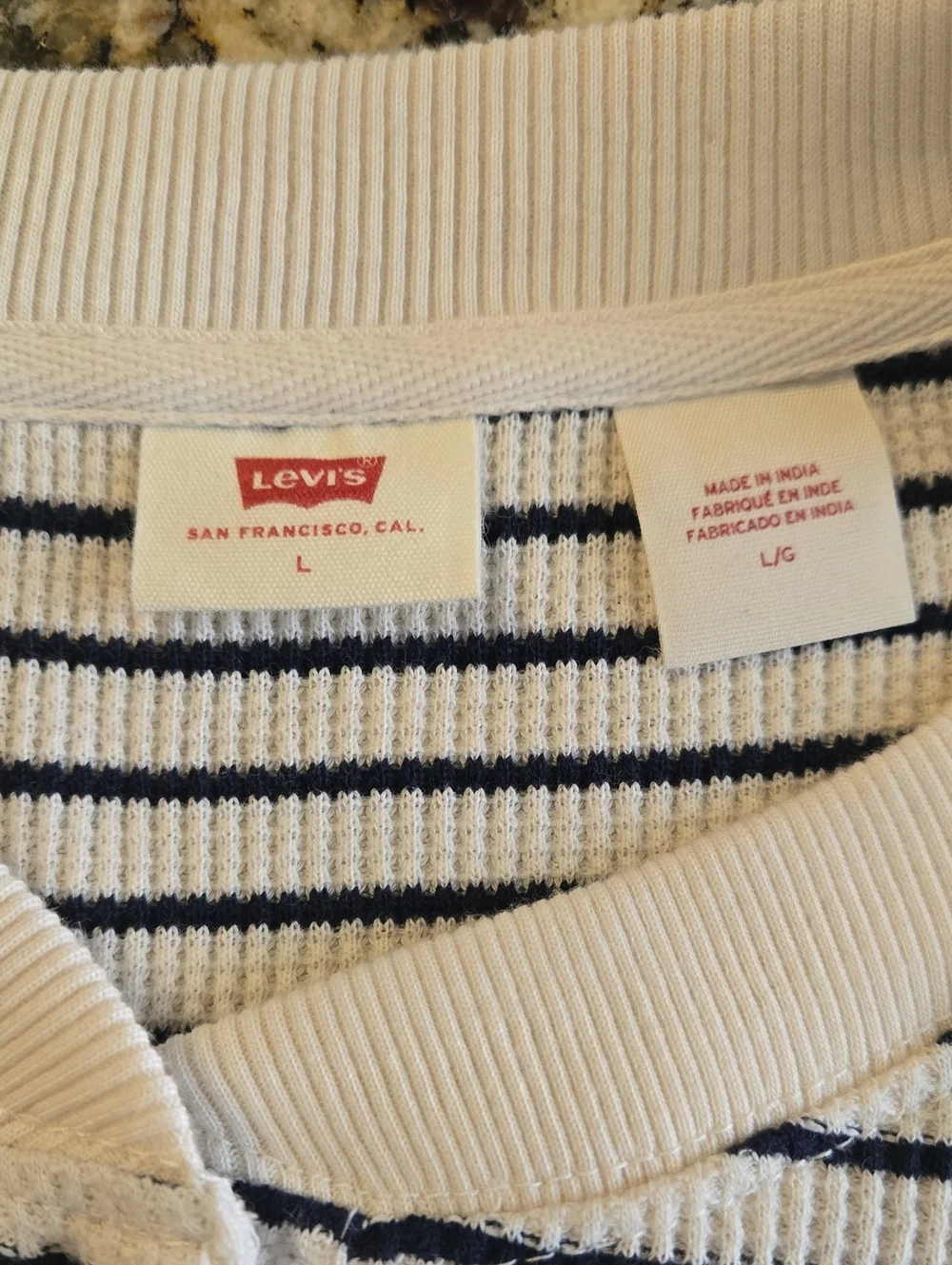 Levi's White Navy Stripe Thermal Henley Shirt Large Waffle Knit Coastal Preppy